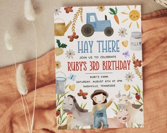 May include: A colorful invitation for a farm-themed birthday party. The invitation features a tractor, a cow, a pig, a horse, a chicken, a girl in overalls, and the text "Hay There, Join us to celebrate Ruby's 3rd Birthday, Ruby's Farm, Saturday, August 6th at 1pm, Nashville, Tennessee."