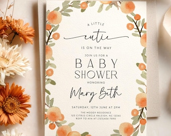 Convite editável para chá de bebê com tema "Little Cutie", modelo de convite para chá de bebê com tema laranja cítrico (download digital)
