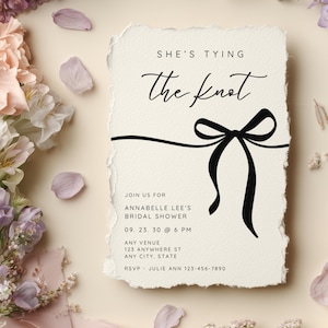 Editable Bridal Shower Invitation, She’s Tying the Knot Black Ribbon Bow Modern Minimalist Invite Template (Digital Download)