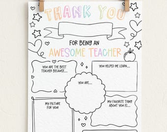 May include: A white paper with the text "THANK YOU FOR BEING AN AWESOME TEACHER" in pastel colors. The design includes blank spaces for personalization, hearts, stars, and an apple illustration. The paper is held by two wooden clothespins.