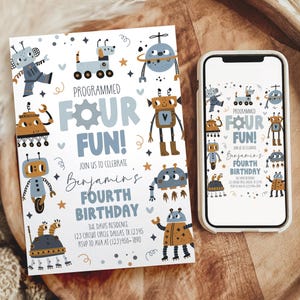 Bewerkbare robot verjaardagsuitnodiging, geprogrammeerde vier leuke Boho Robot Boy verjaardagsfeestje uitnodigingssjabloon (digitale download)