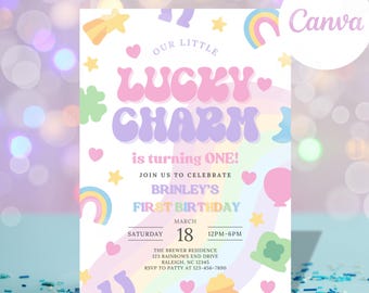 Bearbeitbares Glücksbringer 1. Geburtstagseinladung, St. Patrick's Day Pastel Theme Invite Template (Digitaler Download)