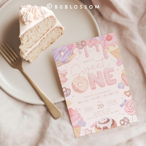 Editable She’s a Sweet One Invitation Template, 1st Birthday Pastel Donut Sweets Invite (Digital Download)