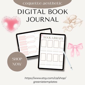Könnte beinhalten: Digitales Buchjournal mit einem koketten ästhetischen Stil. Das Bild zeigt zwei Tablets mit Journalseiten, ein rosa Herz, eine Schleife und einen Engel mit Pfeil und Bogen. Der Text enthält "Digital Book Journal" und "Shop Now".
