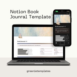 Könnte beinhalten: Ein Laptop und ein Smartphone, die eine Notion-Buchjournal-Vorlage anzeigen. Der Laptop-Bildschirm zeigt ein Buchjournal-Layout mit Fortschrittsbalken und einem Zitat. Das Smartphone spiegelt das Layout wider. Der Text "Notion Book Journal Template" steht oben.