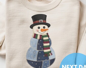 Snowman Christmas Graphic Sweatshirt – Vintage Patchwork Country Rustic Holiday Crewneck for Women