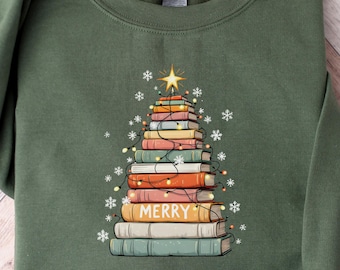 Book Christmas Tree Sweatshirt – Cozy Holiday Crewneck for Book Lovers, Readers & Teachers
