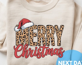 Leopard Christmas Sweatshirt – Merry Christmas Santa Hat Retro Holiday Crewneck for Women