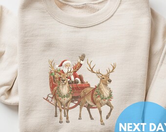 Vintage Style Christmas Sweatshirt – Santa Claus Sleigh and Reindeer Retro Holiday Crewneck for Women