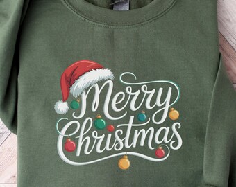 Merry Christmas Sweatshirt – Classic Holiday Crewneck with Santa Hat & Ornament Design for Women