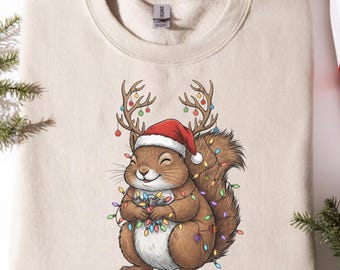 Squirrel Christmas Sweatshirt – Cozy Woodland Holiday Lights Santa Hat Graphic Crewneck for Women