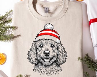 Christmas Dog Sweatshirt – Retro Holiday Poodle in Santa Hat Cozy Winter Crewneck for Women
