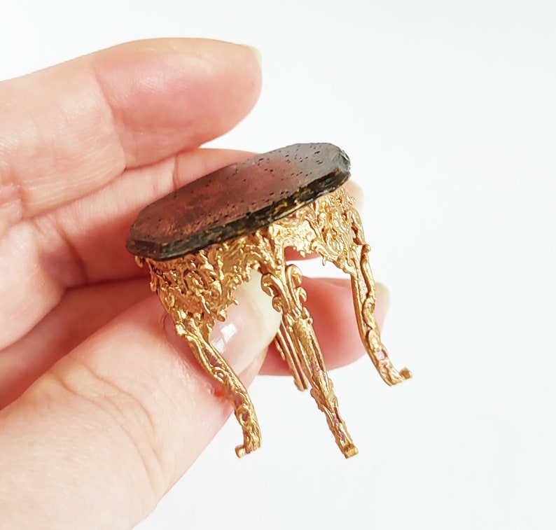 Miniature dollhouse baroque stool. Realistic furniture gold bronze colour. 1/12 twelfth scale doll house vintage. Victorian style chair image 6