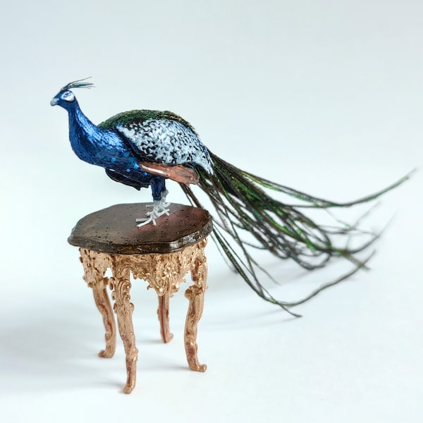 Miniature dollhouse peacock. Realistic tiny figurine, artisan ooak art 1/12 twelfth scale doll house vintage collection with feathers