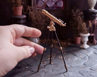 Miniature dollhouse telescope. Realistic miniature laboratory equipment, doll house diorama stuff
