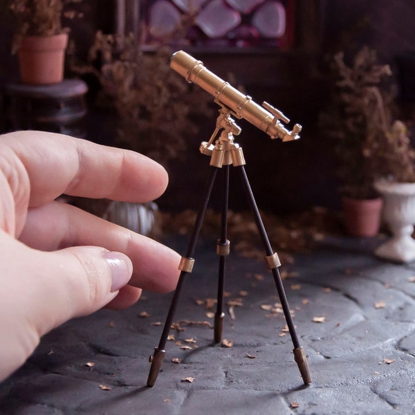 Miniature dollhouse telescope. Realistic miniature laboratory equipment, doll house diorama stuff