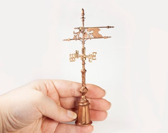 Miniature dollhouse weathervane compass finial. Realistic castle flag artisan rooftop. 1/12 twelfth scale doll house diorama roof top