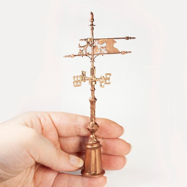 Miniature dollhouse weathervane compass finial. Realistic castle flag artisan rooftop. 1/12 twelfth scale doll house diorama roof top
