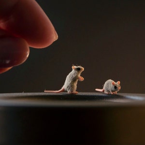 Miniature dollhouse artisan gray mice. Realistic OOAK mouse. Horror flocking fluffy rat 1/12 scale. For dolls and doll houses or diorama