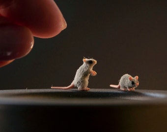 Miniature dollhouse artisan gray mice. Realistic OOAK mouse. Horror flocking fluffy rat 1/12 scale. For dolls and doll houses or diorama