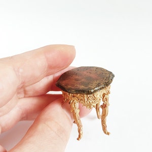 Miniature dollhouse baroque stool. Realistic furniture gold bronze colour. 1/12 twelfth scale doll house vintage. Victorian style chair image 4