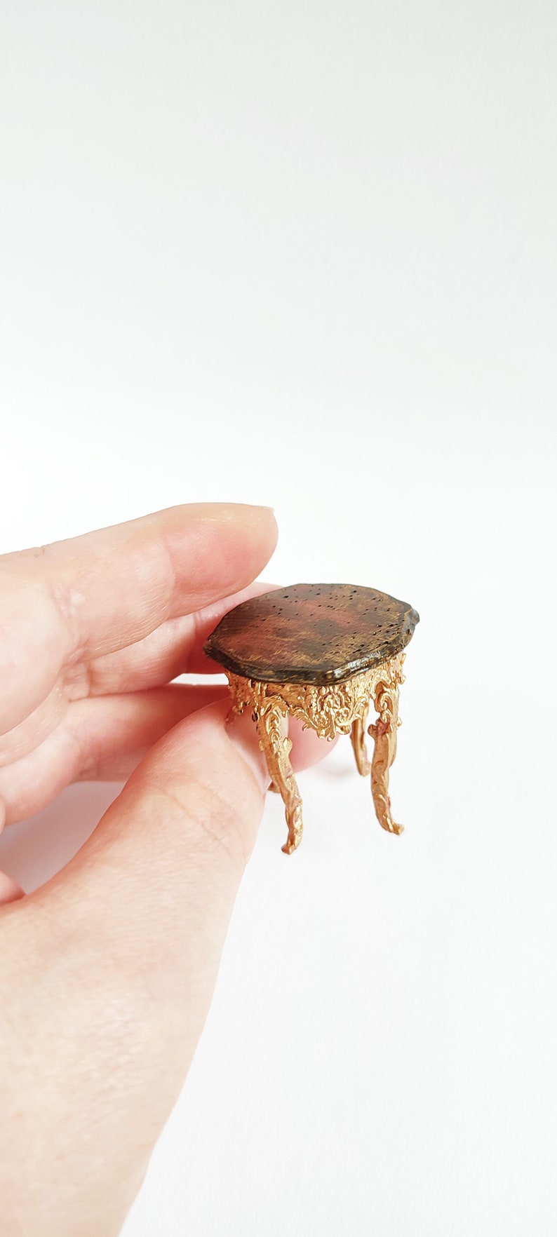 Miniature dollhouse baroque stool. Realistic furniture gold bronze colour. 1/12 twelfth scale doll house vintage. Victorian style chair image 4