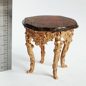 Miniature dollhouse baroque stool. Realistic furniture gold bronze colour. 1/12 twelfth scale doll house vintage. Victorian style chair