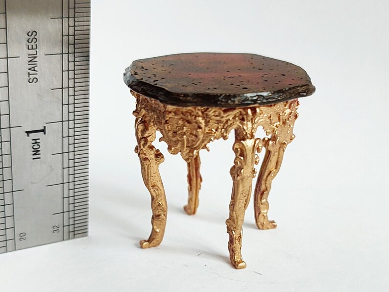 Miniature dollhouse baroque stool. Realistic furniture gold bronze colour. 1/12 twelfth scale doll house vintage. Victorian style chair image 1