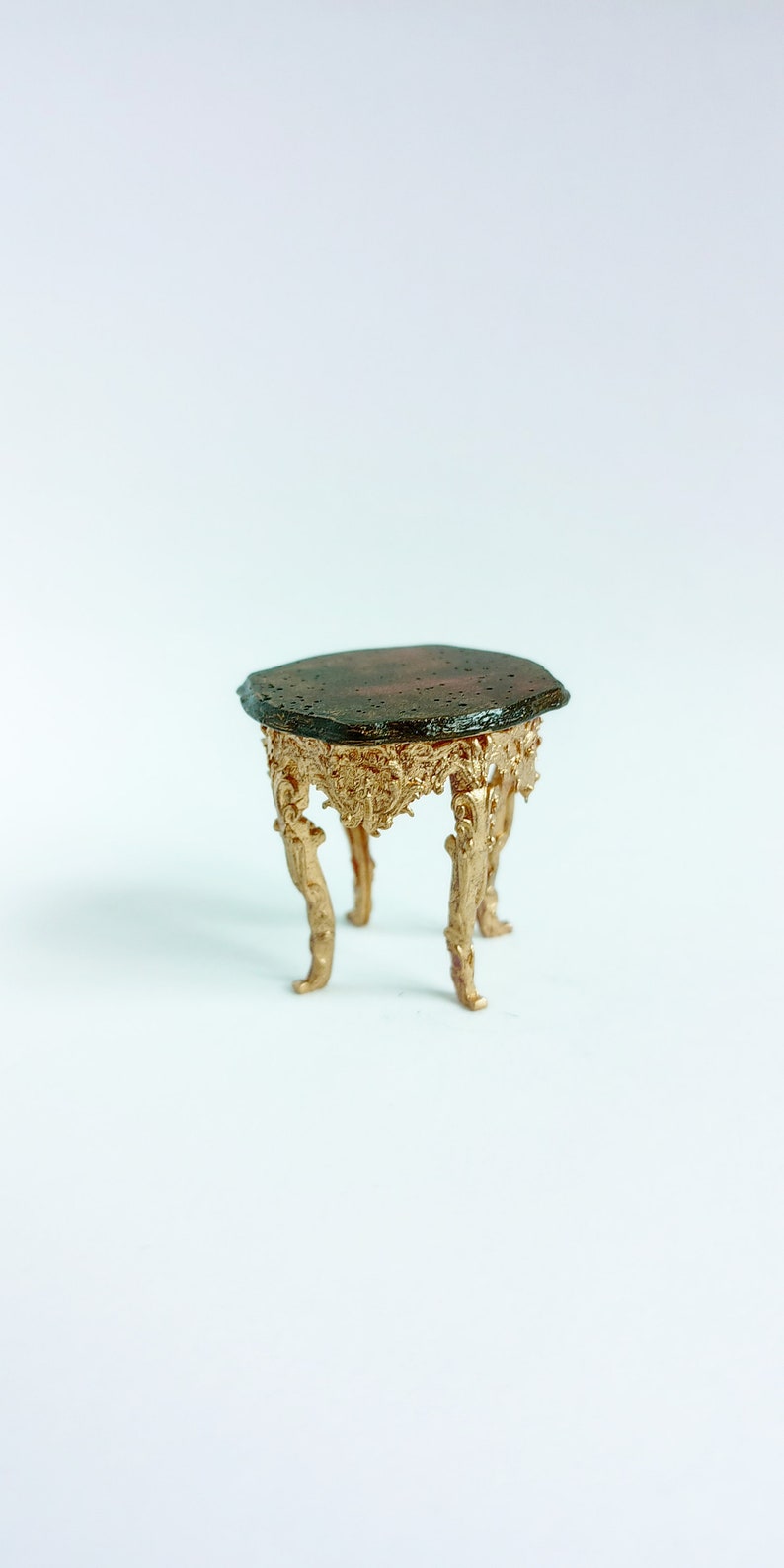 Miniature dollhouse baroque stool. Realistic furniture gold bronze colour. 1/12 twelfth scale doll house vintage. Victorian style chair image 10