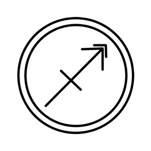 Pode incluir: Símbolo do zodíaco de Sagitário em preto e branco. O design apresenta um círculo com contorno duplo, que envolve um símbolo estilizado de seta e cruz, representando a constelação de Sagitário.