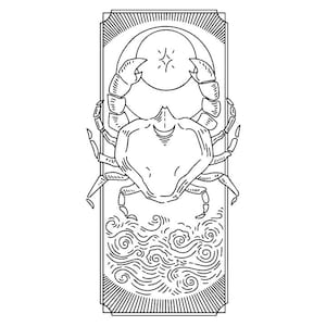 Pode incluir: Ilustração a preto e branco do signo do zodíaco Caranguejo. O design apresenta um caranguejo com uma lua crescente e uma estrela acima, inserido numa moldura retangular com padrões de ondas na parte inferior.