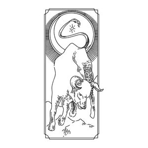 Pode incluir: Ilustração a preto e branco de um touro com grandes chifres, inserida numa moldura retangular. O touro é retratado numa pose dinâmica, com uma cauda curva e uma estrela acima das suas costas. O design tem um estilo Art Déco.
