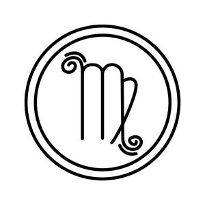 Pode incluir: Um desenho a traço preto e branco do símbolo do zodíaco de Virgem. O símbolo está dentro de um círculo de linha dupla, com o símbolo de Virgem no centro. O fundo é branco.