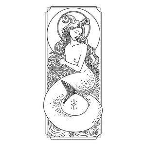 Pode incluir: Ilustração em preto e branco de uma sereia com chifres de carneiro, uma estrela na cauda e cabelos longos e esvoaçantes. A sereia está dentro de uma moldura retangular com linhas decorativas e um halo circular atrás da cabeça.