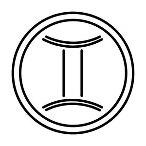 Pode incluir: Um símbolo do zodíaco de Gêmeos em preto e branco. O design apresenta duas linhas verticais conectadas por linhas curvas dentro de um círculo de linha dupla. A imagem é uma ilustração simples e minimalista.