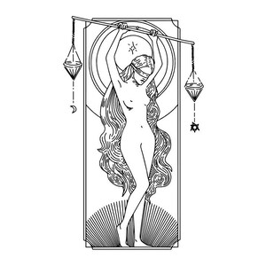May include: Black and white line art illustration of a woman with long flowing hair, blindfolded, holding a scale. The artwork includes geometric shapes, celestial elements, and decorative hanging crystals, set against a white background.