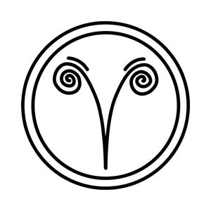 Pode incluir: Um símbolo do zodíaco de Áries em preto e branco. O design apresenta uma moldura circular com um símbolo estilizado de chifres de carneiro no interior. Os chifres são representados por duas formas espirais conectadas por uma linha curva.