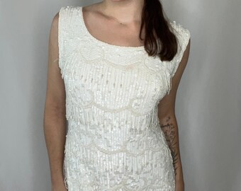 Vintage white pearl beaded cotton midi wedding dress with brooch // size large