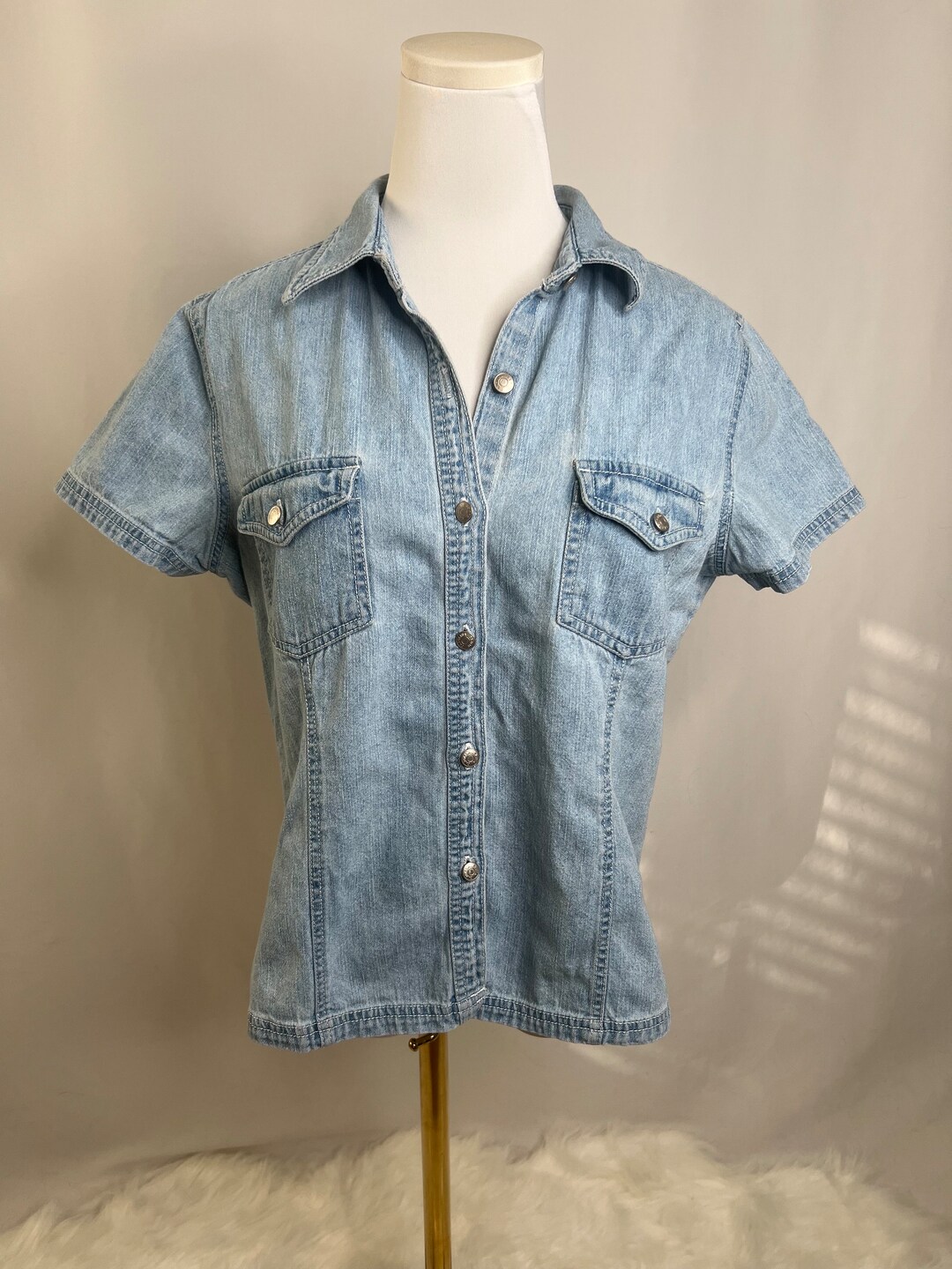 Vintage Jean Button Down Shirt Blouse // Size Medium Etsy
