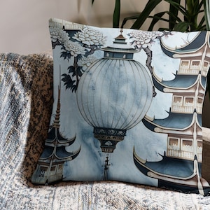 Chinoiserie Blue Pagoda and Lantern Throw Pillow Cover- Original Artwork on Soft, Washable Throw Pillow Case