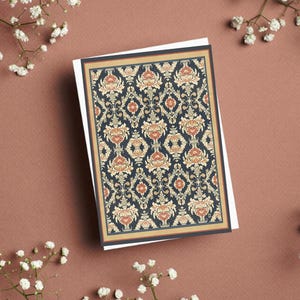 Versez des cartes de voeux damassées à motif floral. Bleu, corail, beige. Vintage baroque, style victorien, papeterie sophistiquée.