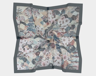 Pagoda Cherry Blossom Silk Scarf | Wearable Original Art | Silk Habotai & Charmeuse