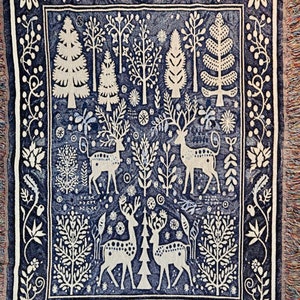 Blue Pour Deer Tapestry Design  Winter Holiday Jacquard Woven Blanket- Original Artwork On Ecofriendly 100% Cotton Throw Blanket