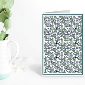 Elegant Greeting Card, Chinoiserie Stationery, Folded Blank cards, Sophisticated Artisanal Pagoda Landscape Original Art- Share the Magic!
