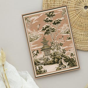 Elegante biglietto d'auguri, carta da lettere cinese, biglietti di auguri vuoti piegati, XL sofisticato paesaggio artigianale con pagoda originale. INVIA UN ABBRACCIO!