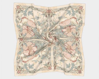 May include: A square silk scarf featuring a repeating floral pattern with large pink poppies and muted sage green foliage. The design includes intricate scrollwork borders in a cream and beige color palette, creating a symmetrical layout.