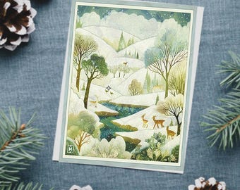 Winter Scene Watercolor Rustic Landscape Greeting Cards | Original Artwork on Large Folded Stationery | All Occasions