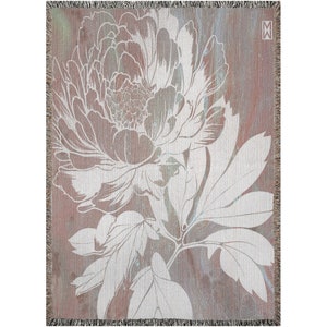 White Rose On Blush Pour Chinoiserie Jacquard Woven Blanket- Original Artwork On Ecofriendly 100% Cotton Throw Blanket