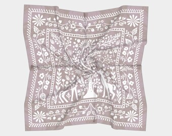 Mauve Pour Funny Bunny Deer Tapestry Design Nordic Luxury Silk Scarf- Wearable Art, Style Accessory, Modern Style, Silk Modal or Charmeuse