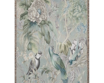Chinoiserie Two Tone Birds And Flowers Over Pour -Ecofriendly 100% Cotton Jacquard Throw Blanket